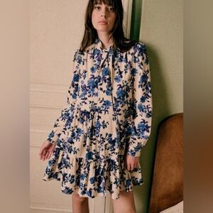 Sezane Cream Mini Dress with Blue Floral Print